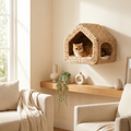 Cozy woven cat bed with ginger cat nestled inside, perfect for pet comfort in modern homes.