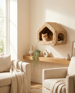 Cozy woven cat bed with ginger cat nestled inside, perfect for pet comfort in modern homes.