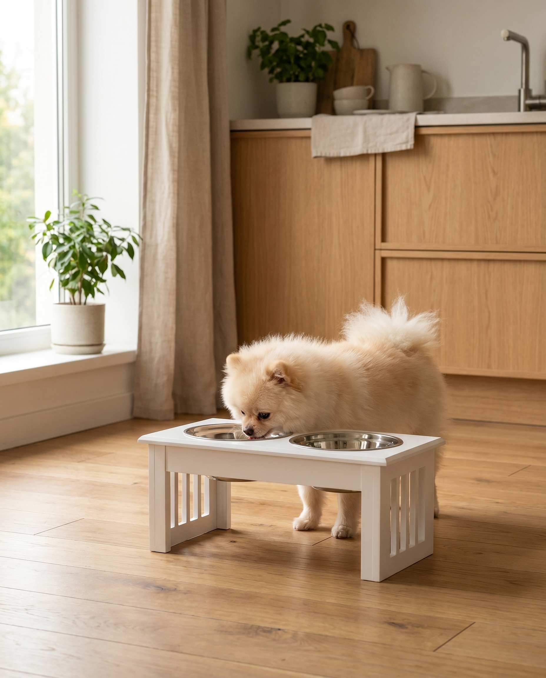 Fluffy Pomeranian eating from elevated white pet feeder with stainless steel bowls in cozy kitchen