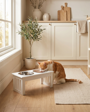 Orange and white cat eating from elevated white pet feeder with stainless steel bowls in cozy kitchen