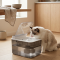 Cat drinking from a quiet pet water fountain in a cozy home setting