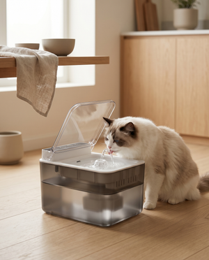 Cat drinking from a quiet pet water fountain in a cozy home setting