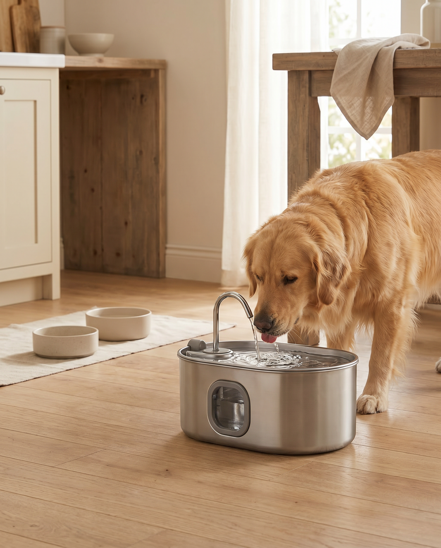 Golden retriever drinking from stainless steel pet water fountain in cozy kitchen