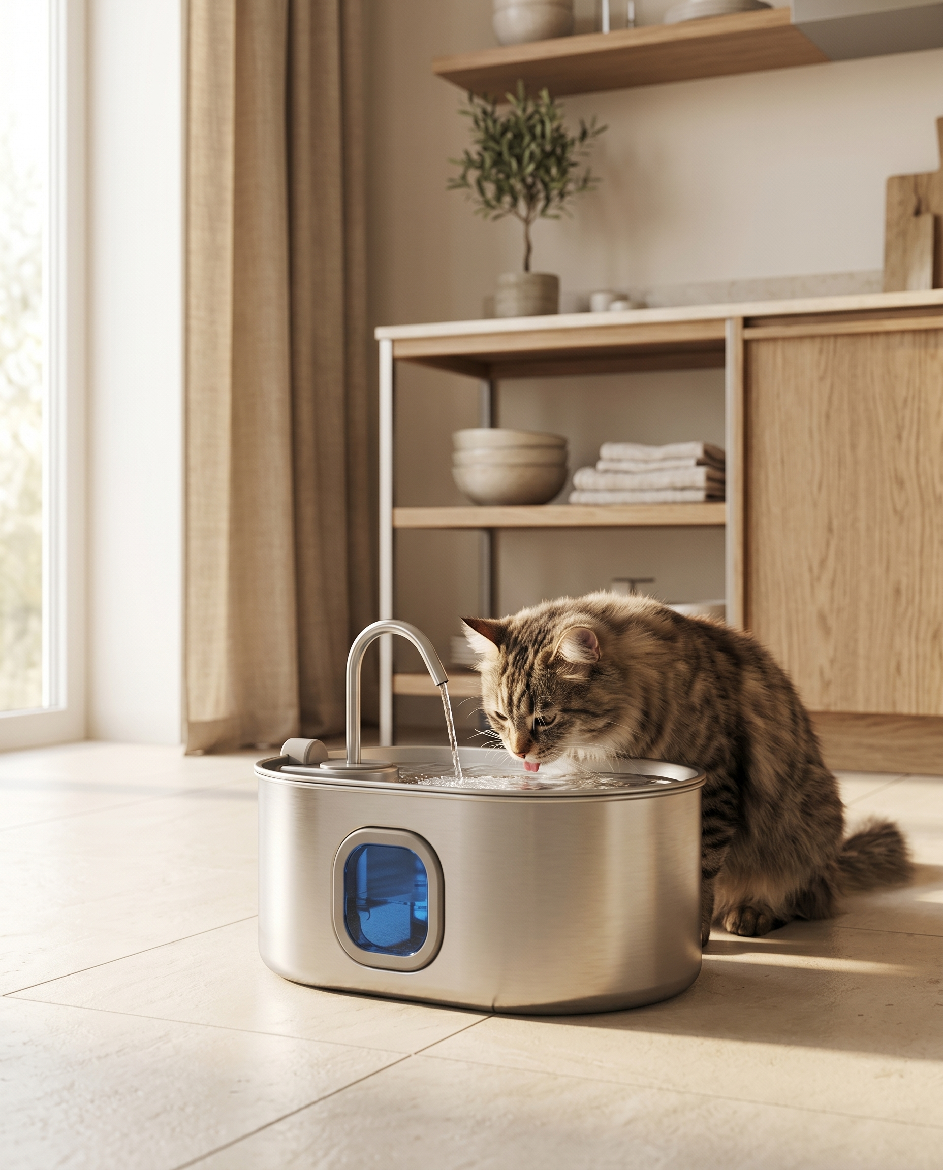 Cat drinking from stainless steel pet fountain with blue filter in cozy home setting
