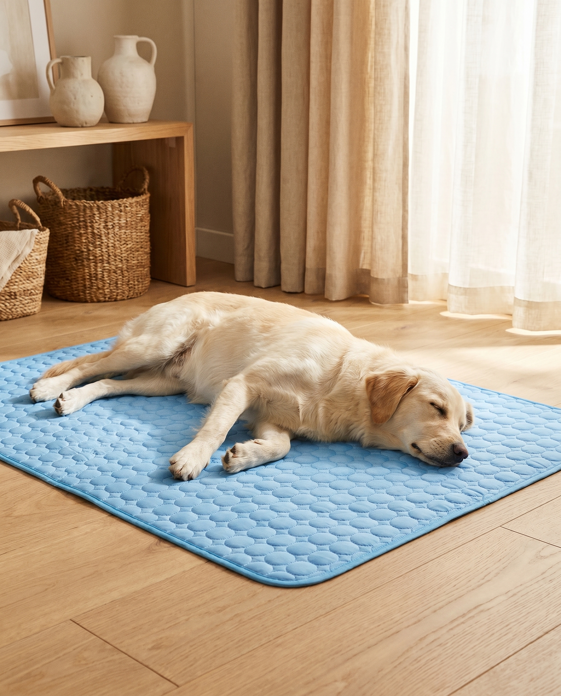 Yellow lab sleeping on blue cooling mat for dogs, cozy home setting with wooden floor and natural light