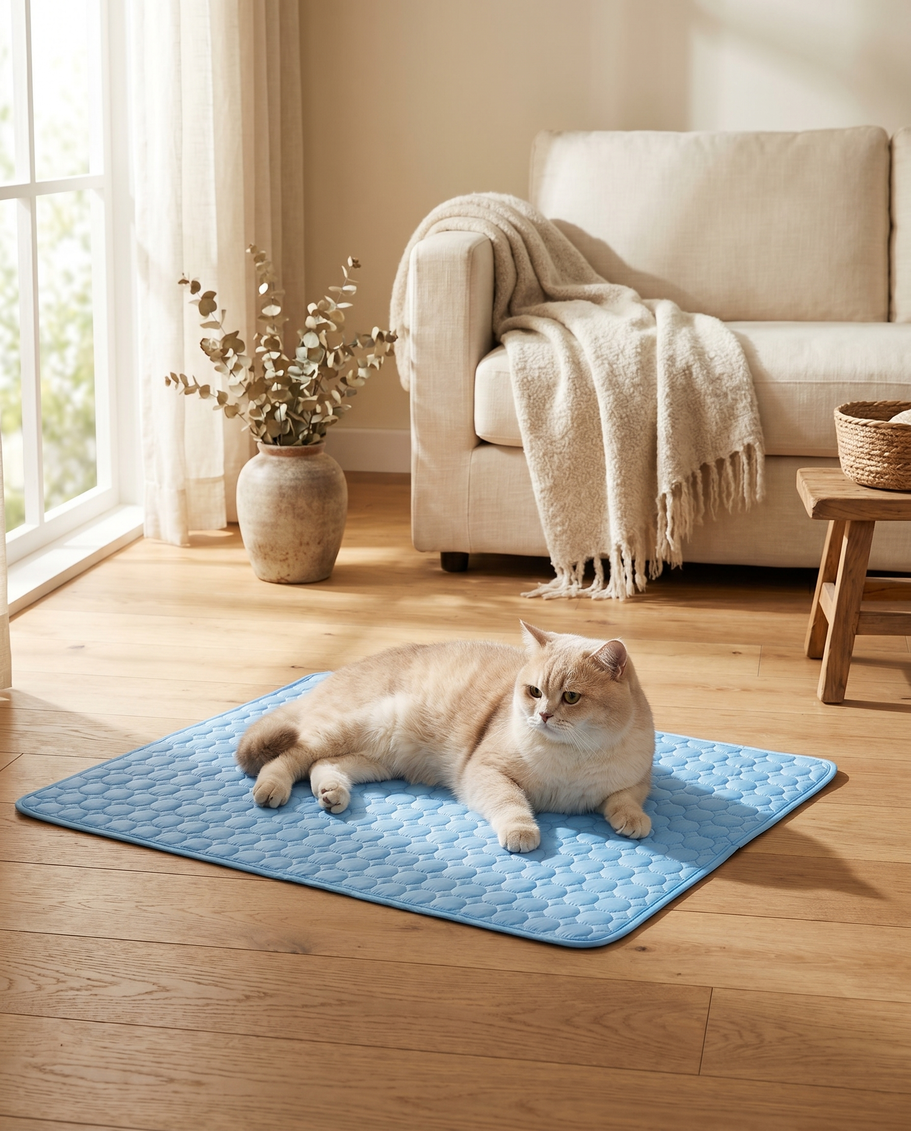 Fluffy cat resting on blue cooling mat in cozy living room, perfect for pet comfort and relaxation.