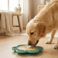 Golden retriever licking peanut butter from green slow feeder puzzle toy on hardwood floor