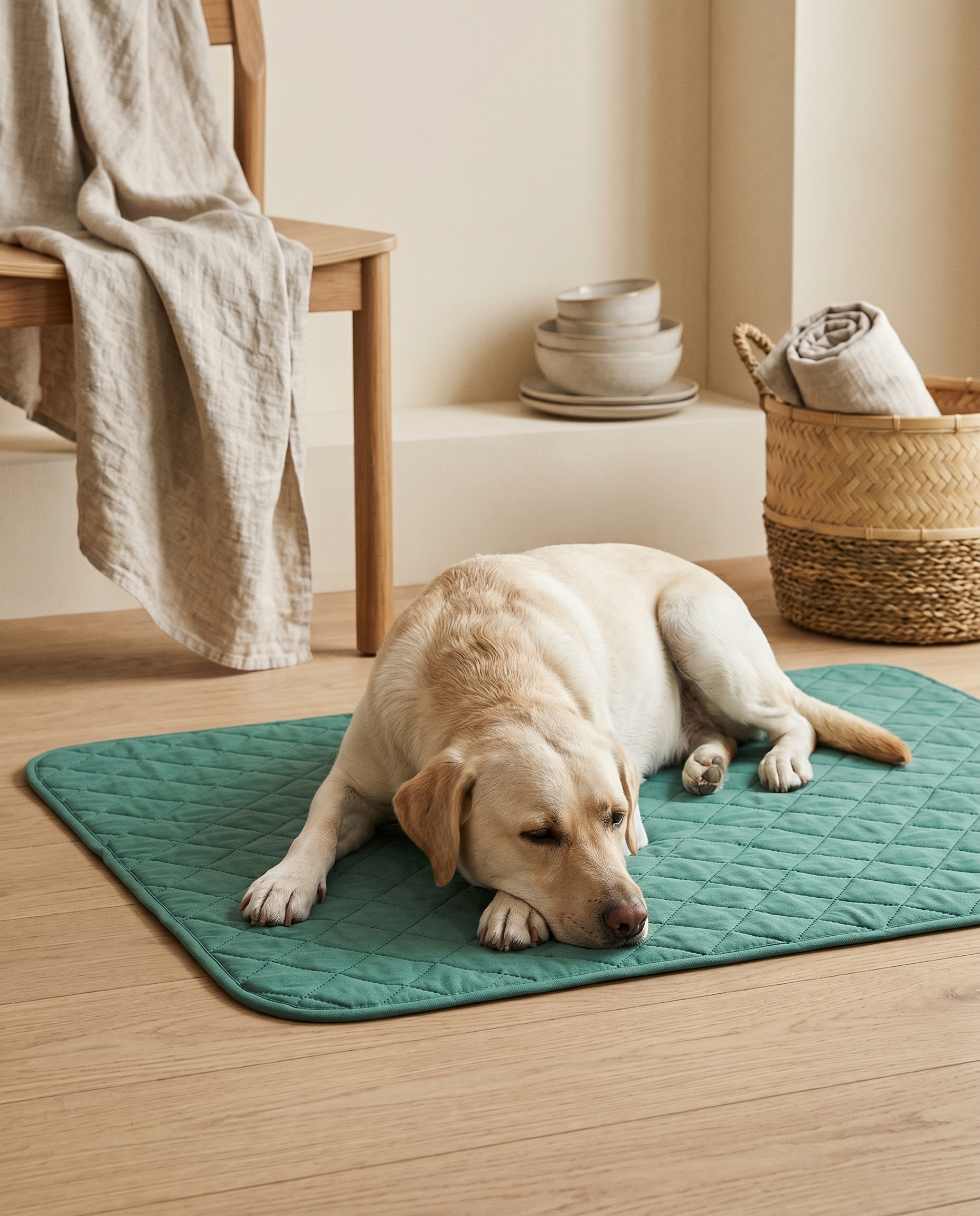 Yellow Labrador resting on teal quilted cooling mat for dogs, cozy home setting