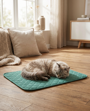 Fluffy cat sleeping on teal quilted cooling mat for pets, cozy home setting with natural light