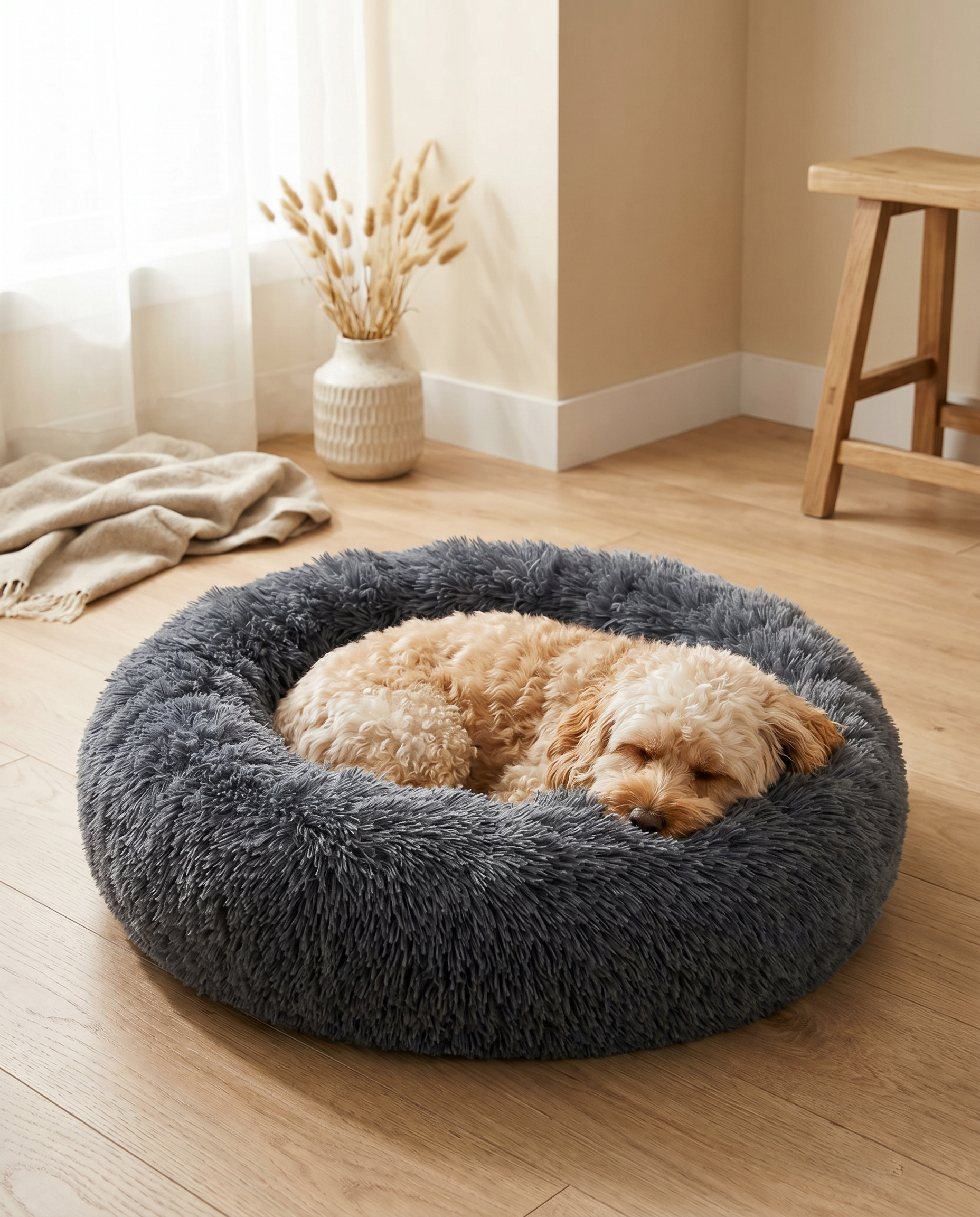 Cozy gray fluffy dog bed with small dog sleeping, perfect for pet comfort and calm rest at home.