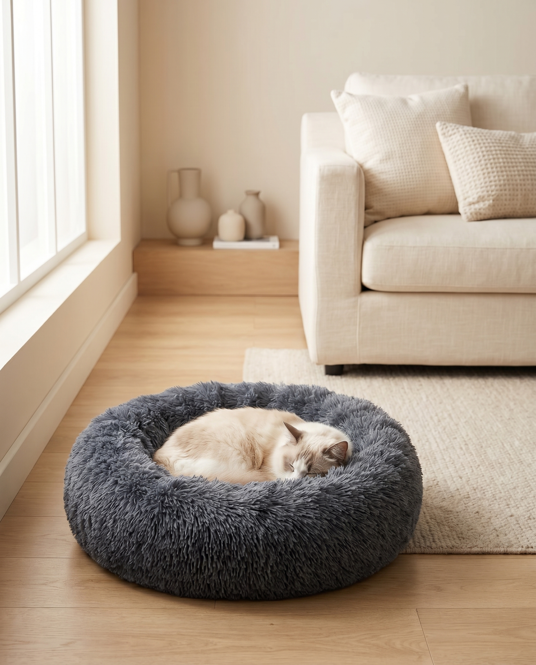 Fluffy gray cat bed with sleeping cat, cozy living room pet comfort