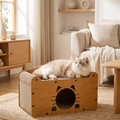 Fluffy cat lounging on wooden cat scratcher bed with cozy hideaway, perfect for pet comfort in modern home