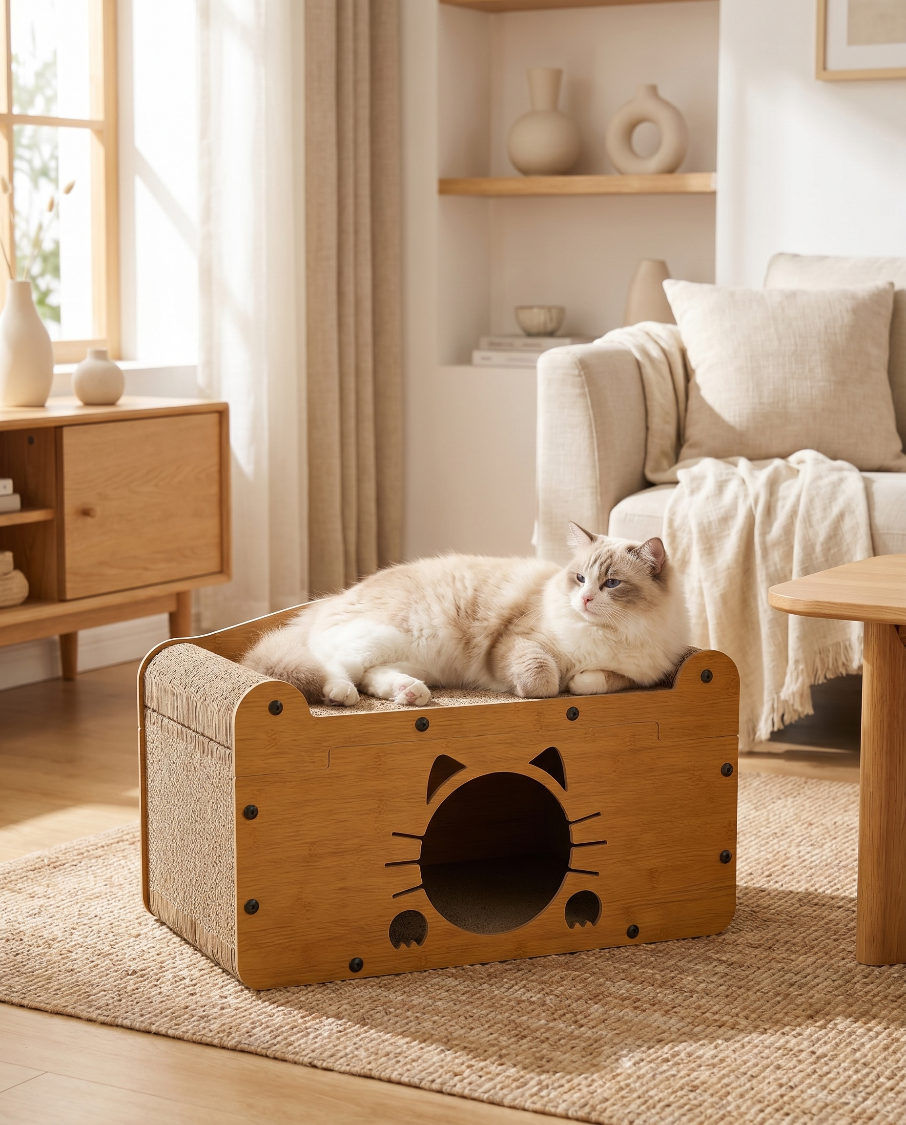 Fluffy cat lounging on wooden cat scratcher bed with cozy hideaway, perfect for pet comfort in modern home