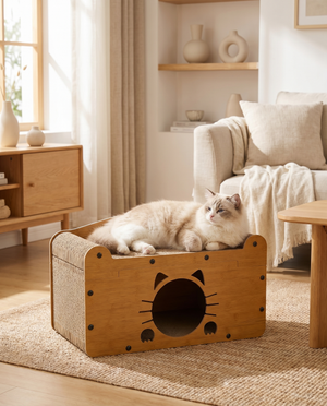 Fluffy cat lounging on wooden cat scratcher bed with cozy hideaway, perfect for pet comfort in modern home