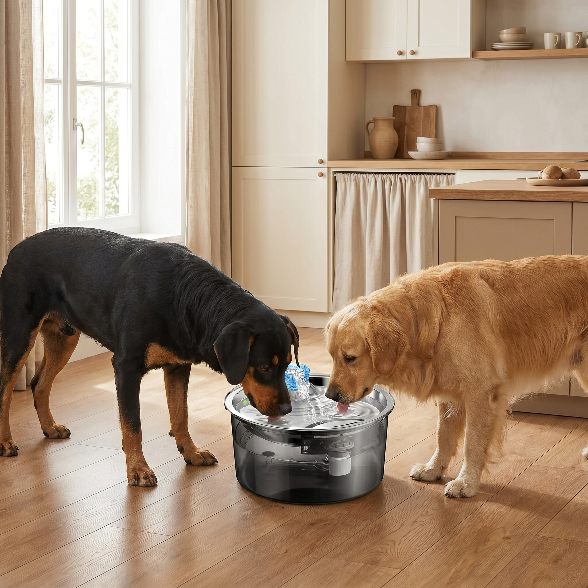 Two dogs drinking from a quiet pet water fountain in a cozy kitchen