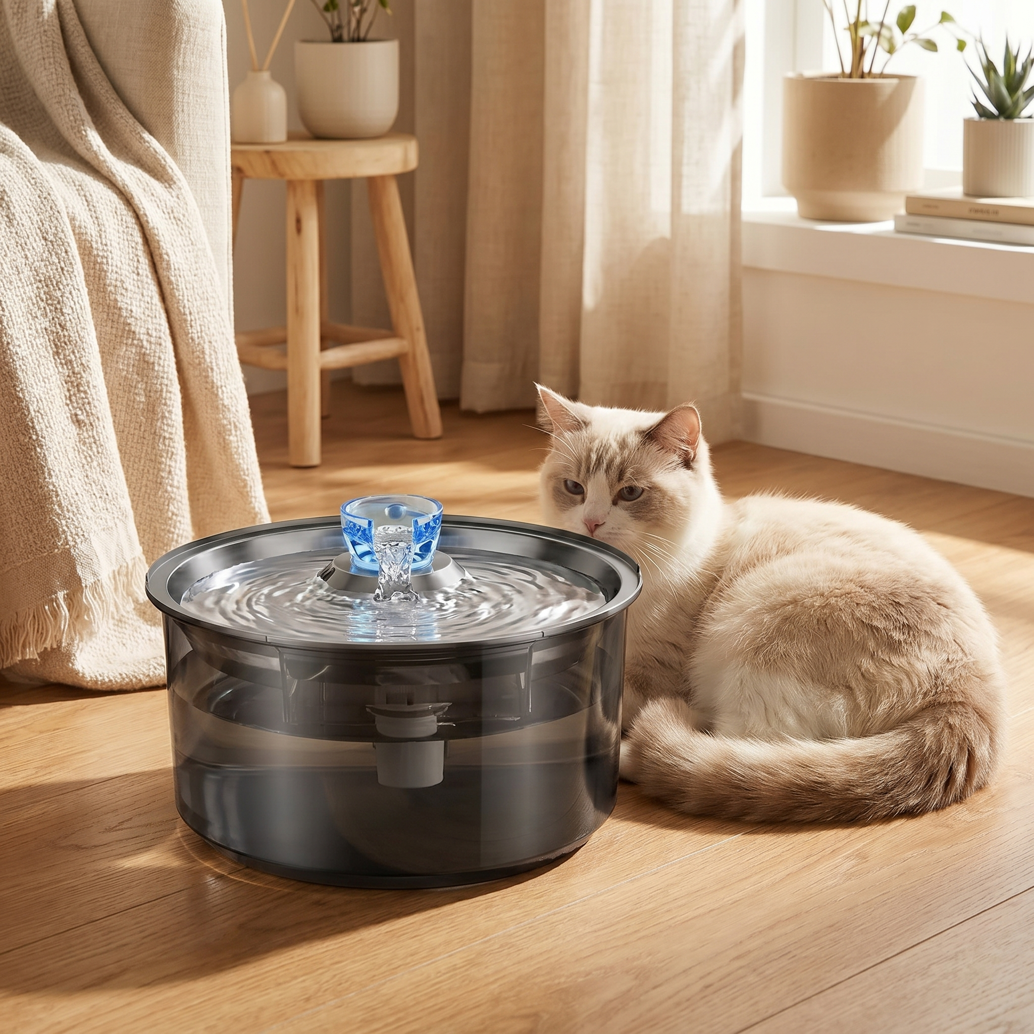 Cat beside automatic pet water fountain with flowing water, ideal for cats & dogs in cozy home settings