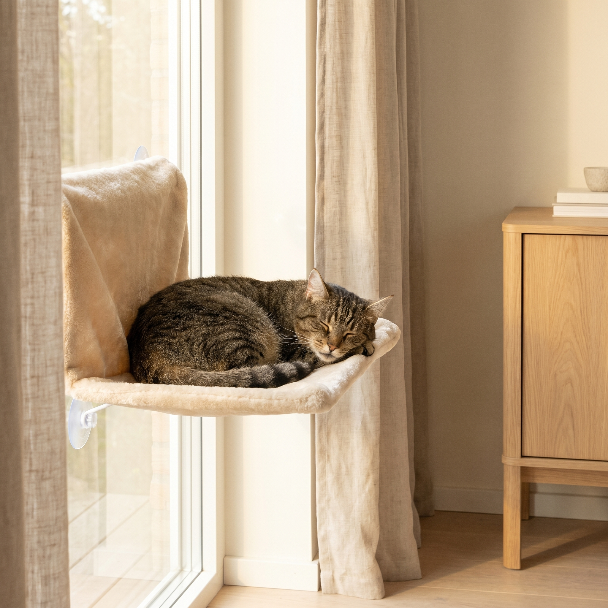 Cozy tabby cat sleeping on a plush window perch, enjoying sunny comfort for pets.