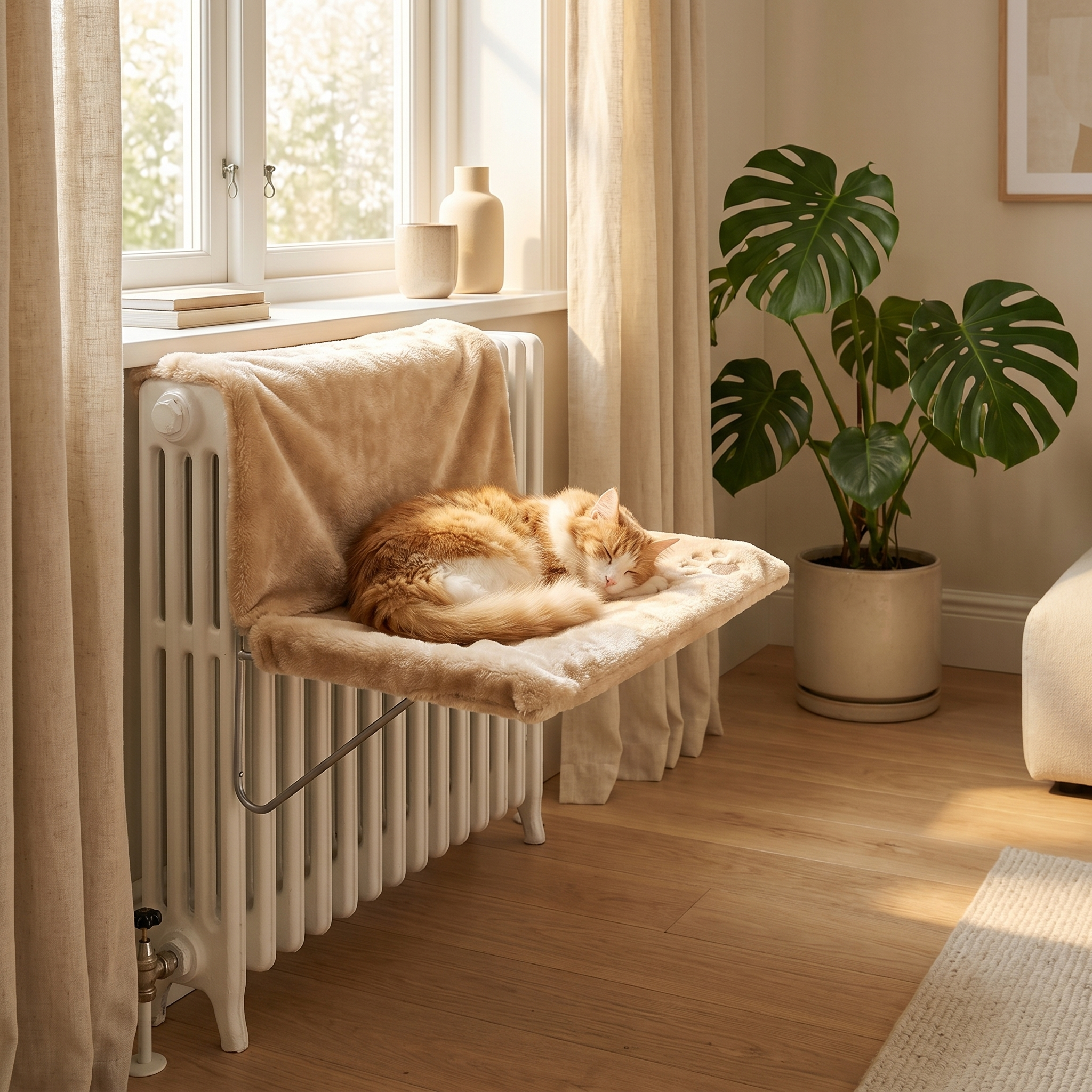 Cozy cat napping on plush radiator bed near sunny window, perfect for pet comfort and warmth.