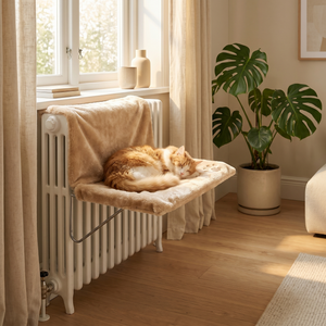 Cozy cat napping on plush radiator bed near sunny window, perfect for pet comfort and warmth.