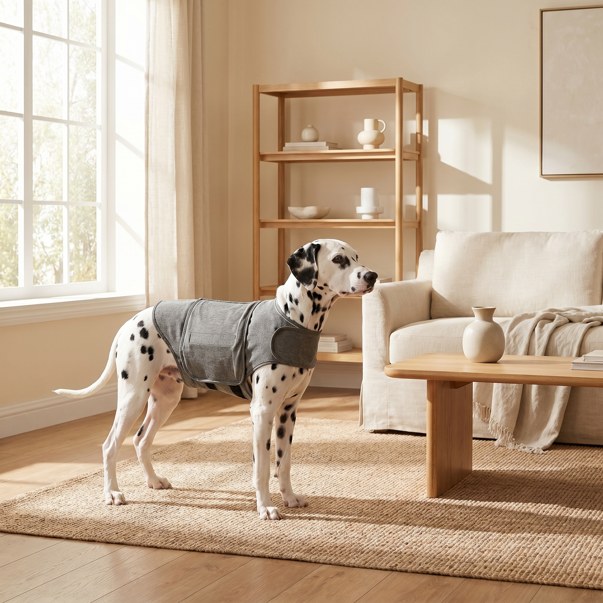 Dalmatian wearing gray calming anxiety vest in cozy living room, pet comfort for dogs