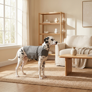Dalmatian wearing gray calming anxiety vest in cozy living room, pet comfort for dogs