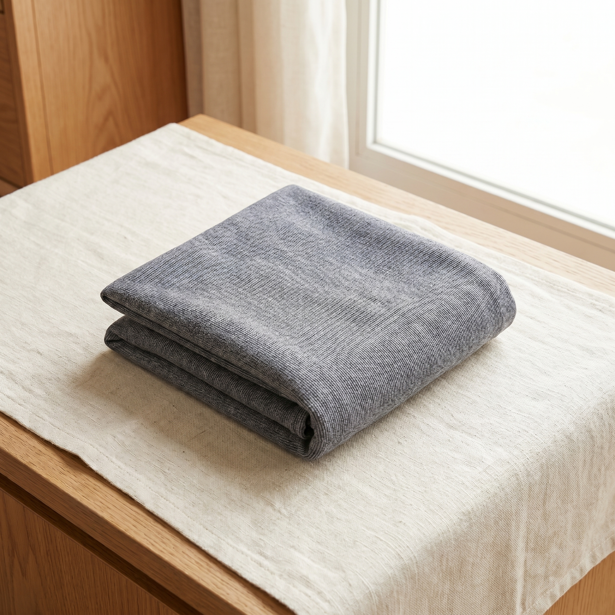Folded gray pet cooling mat on wooden surface, ideal for cats and dogs comfort