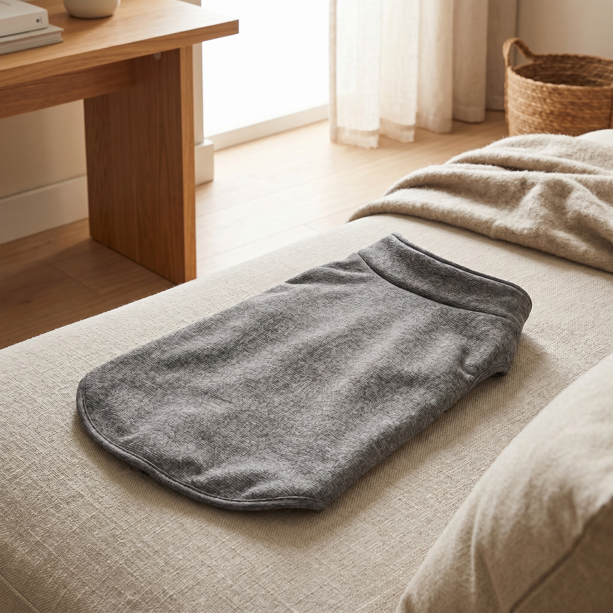 Gray pet cooling mat on cozy sofa, ideal for cats & dogs comfort at home