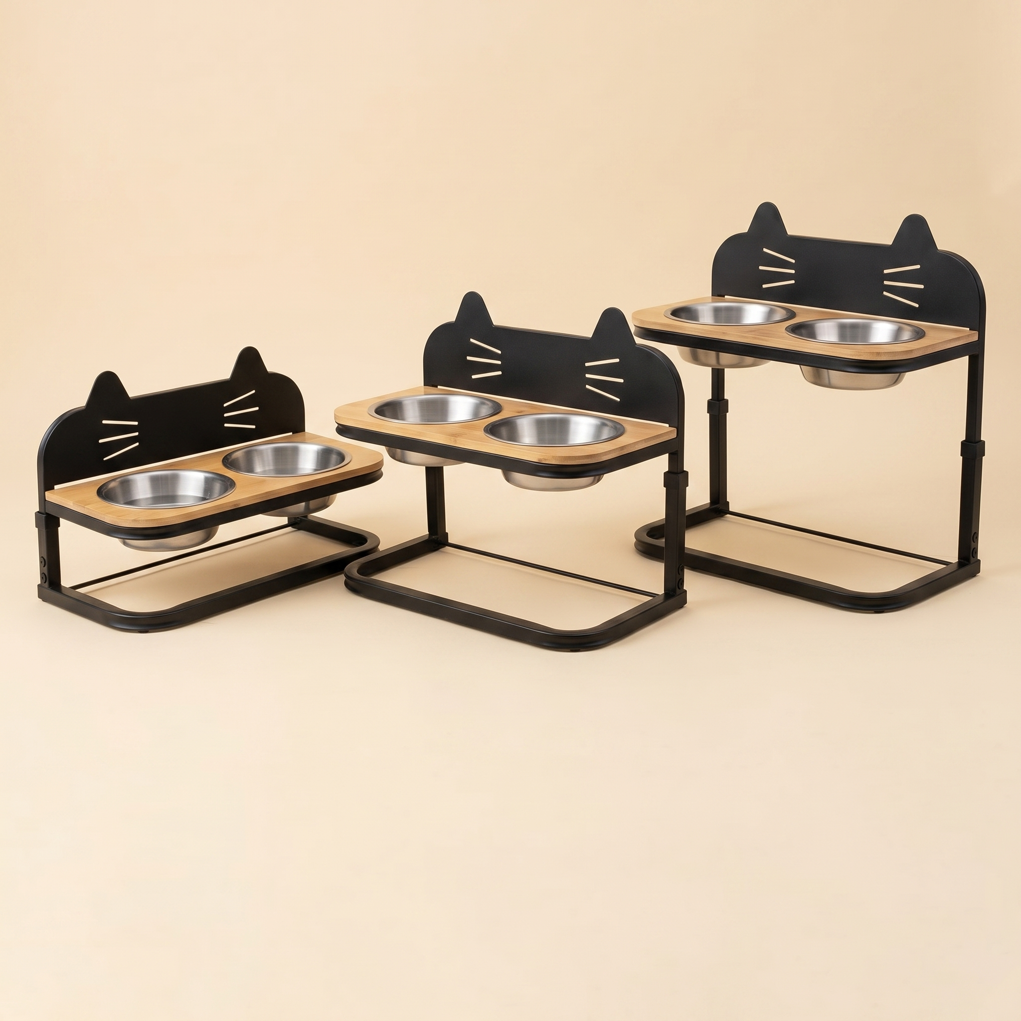 Cat food bowls with cat-ear design, elevated pet feeder for cats and dogs, stainless steel bowls on wooden trays