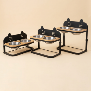Cat food bowls with cat-ear design, elevated pet feeder for cats and dogs, stainless steel bowls on wooden trays