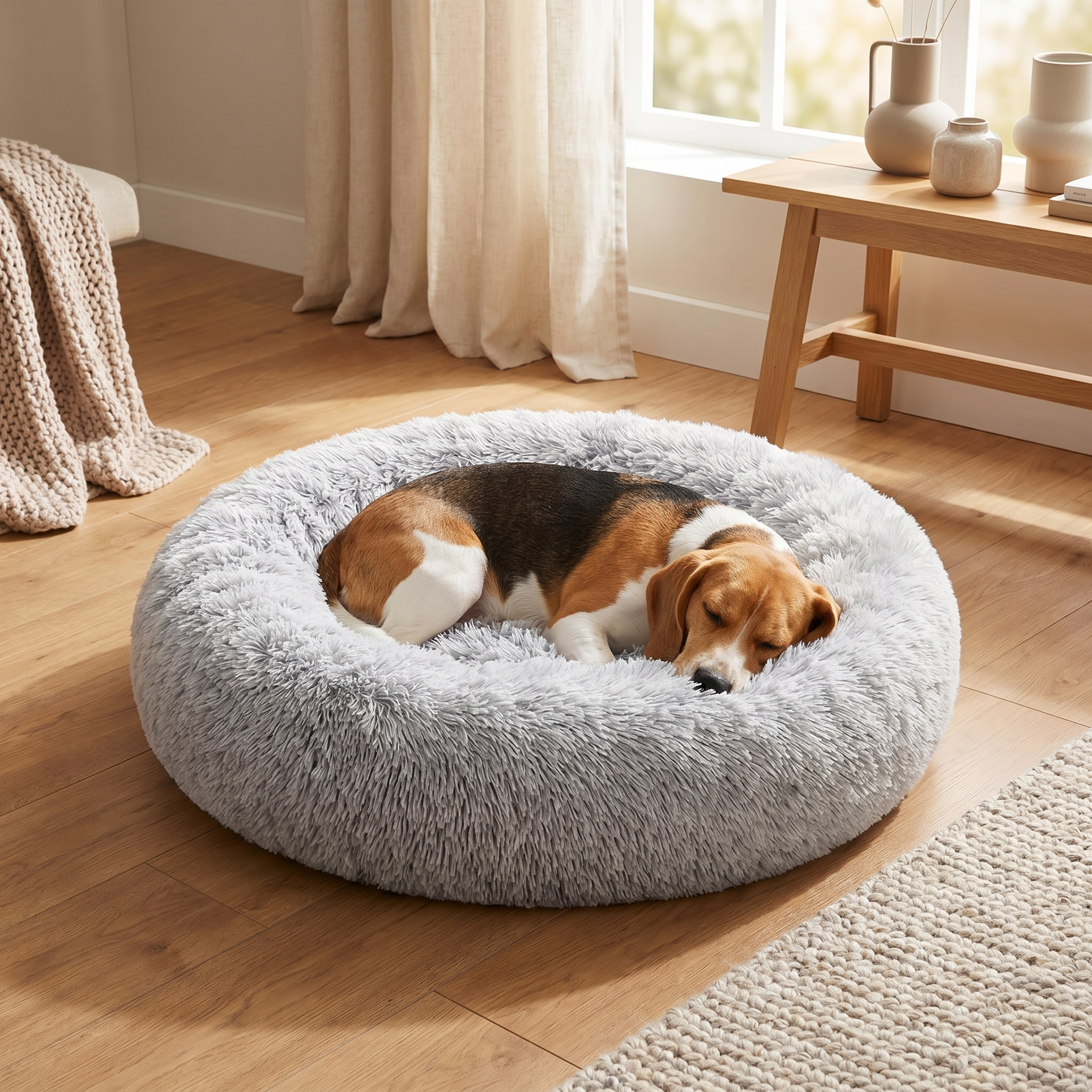 Cozy gray plush dog bed with sleeping beagle, perfect for pet comfort and relaxation at home
