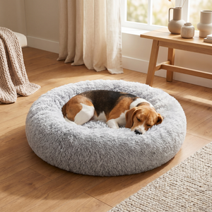 Cozy gray plush dog bed with sleeping beagle, perfect for pet comfort and relaxation at home
