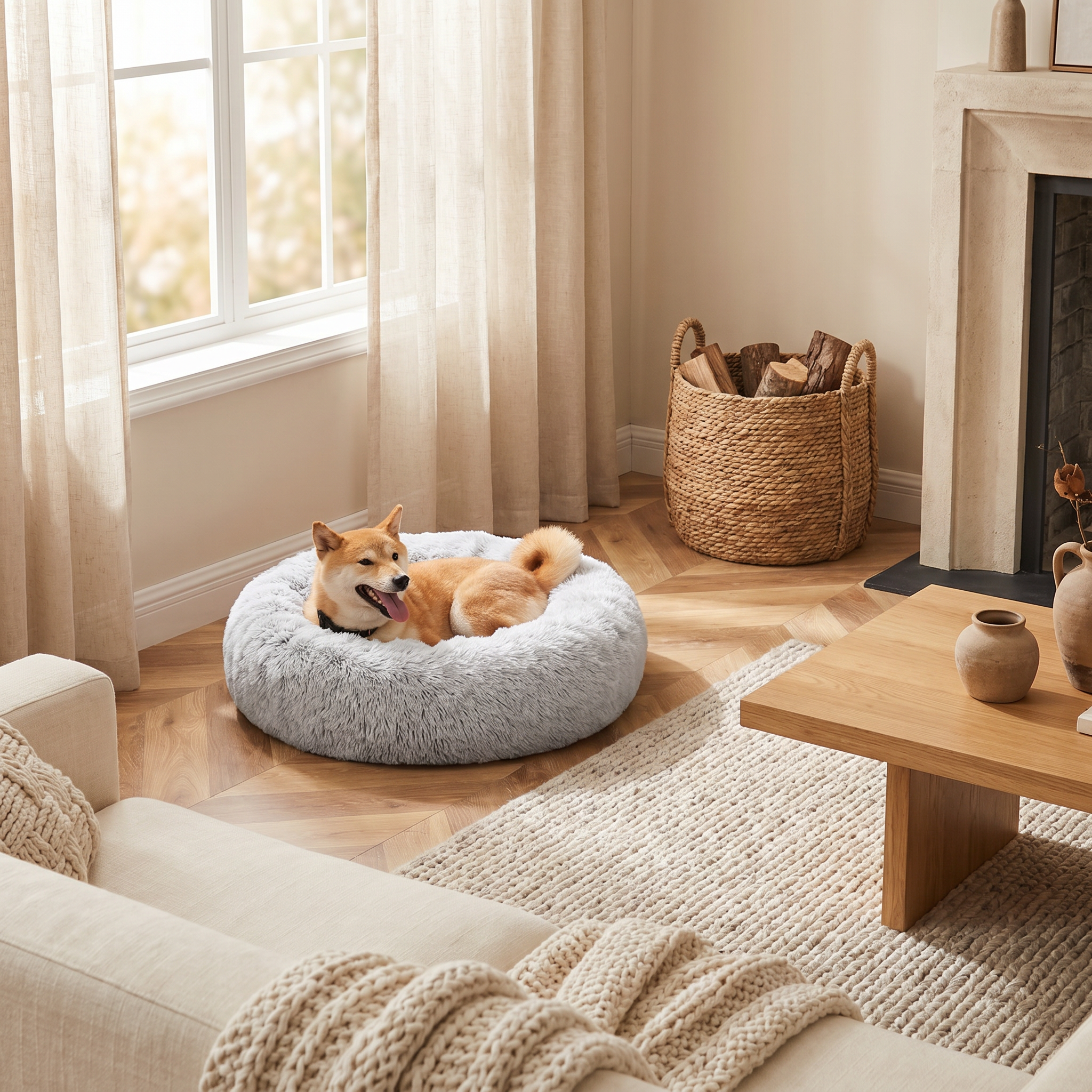 Cozy Shiba Inu resting in plush gray dog bed near window, perfect for pet comfort at home