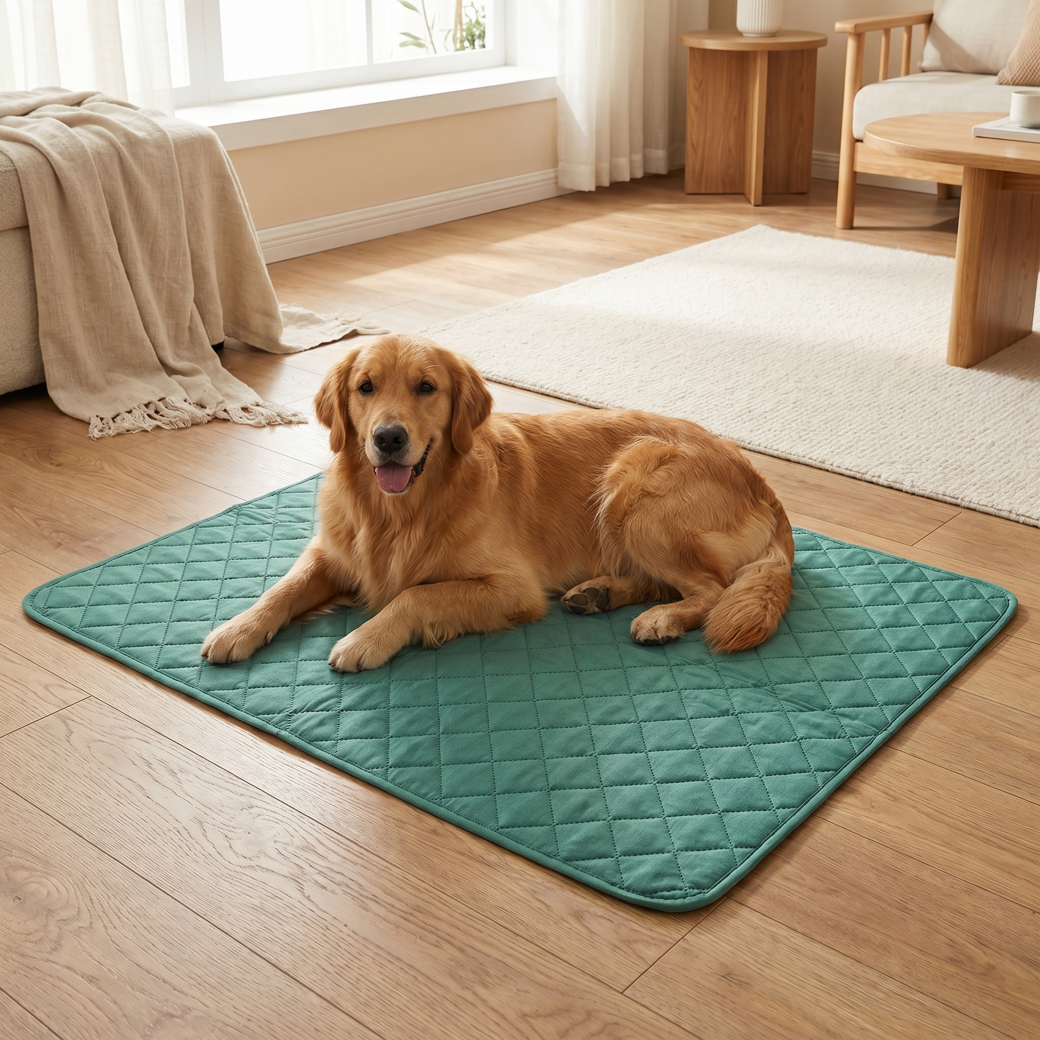 Golden retriever resting on teal quilted cooling mat for dogs in cozy living room