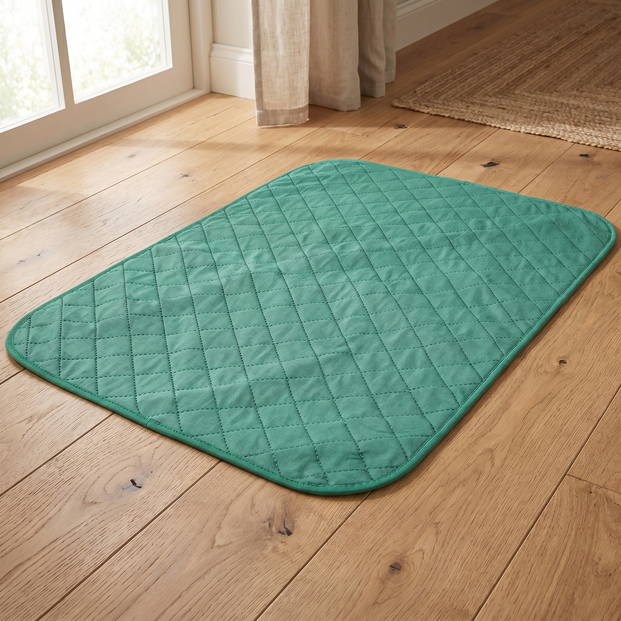 Teal quilted pet cooling mat on hardwood floor near window for cats and dogs comfort