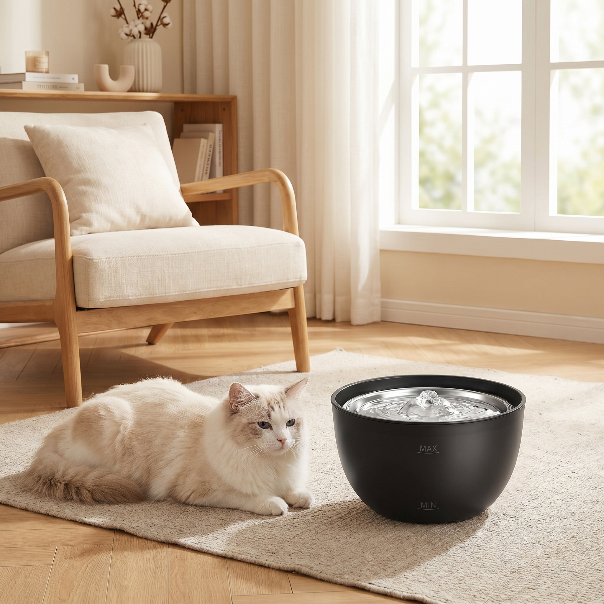 Fluffy cat resting beside a black automatic pet water fountain in a cozy living room