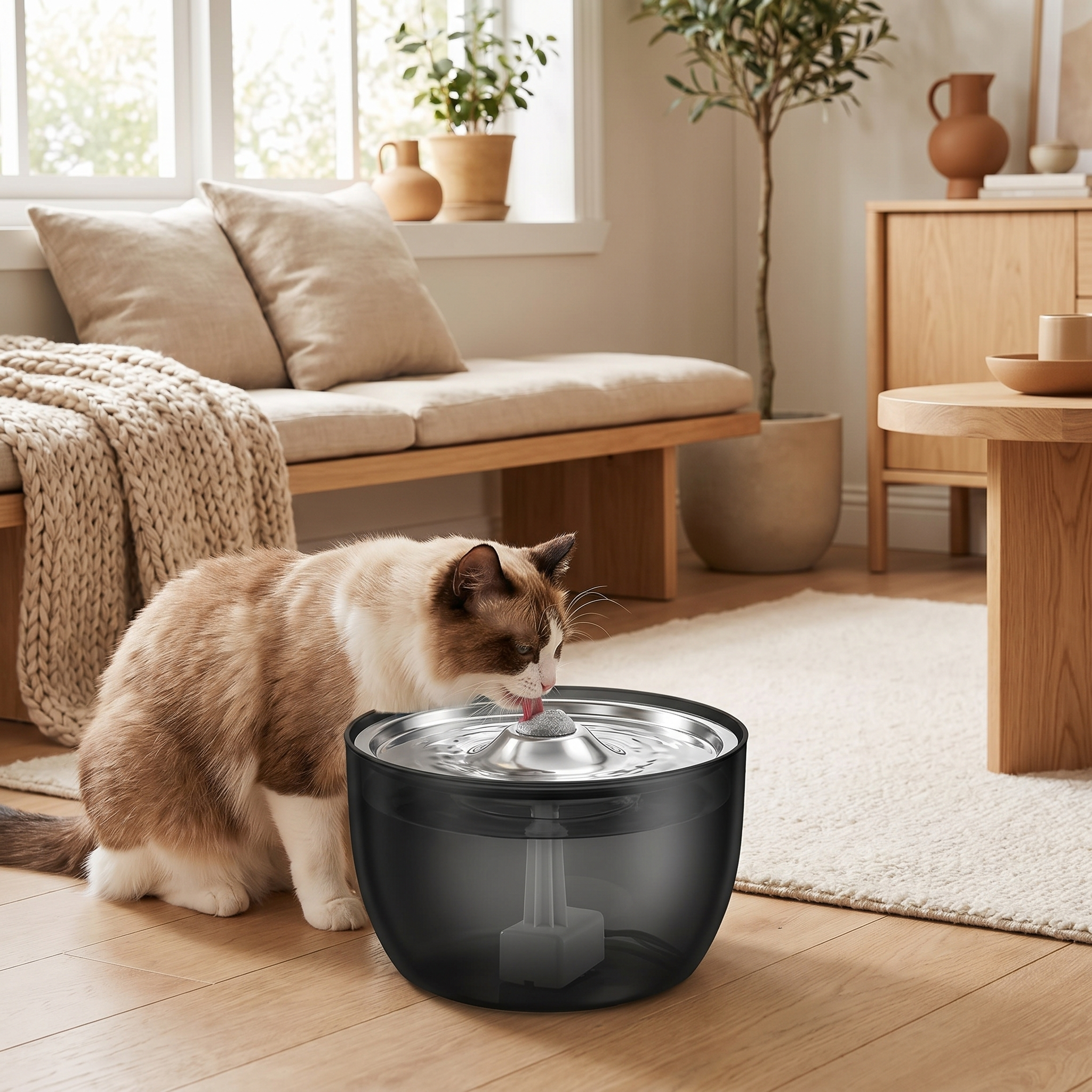 Cat drinking from quiet pet water fountain in cozy living room, ideal for cats & dogs comfort