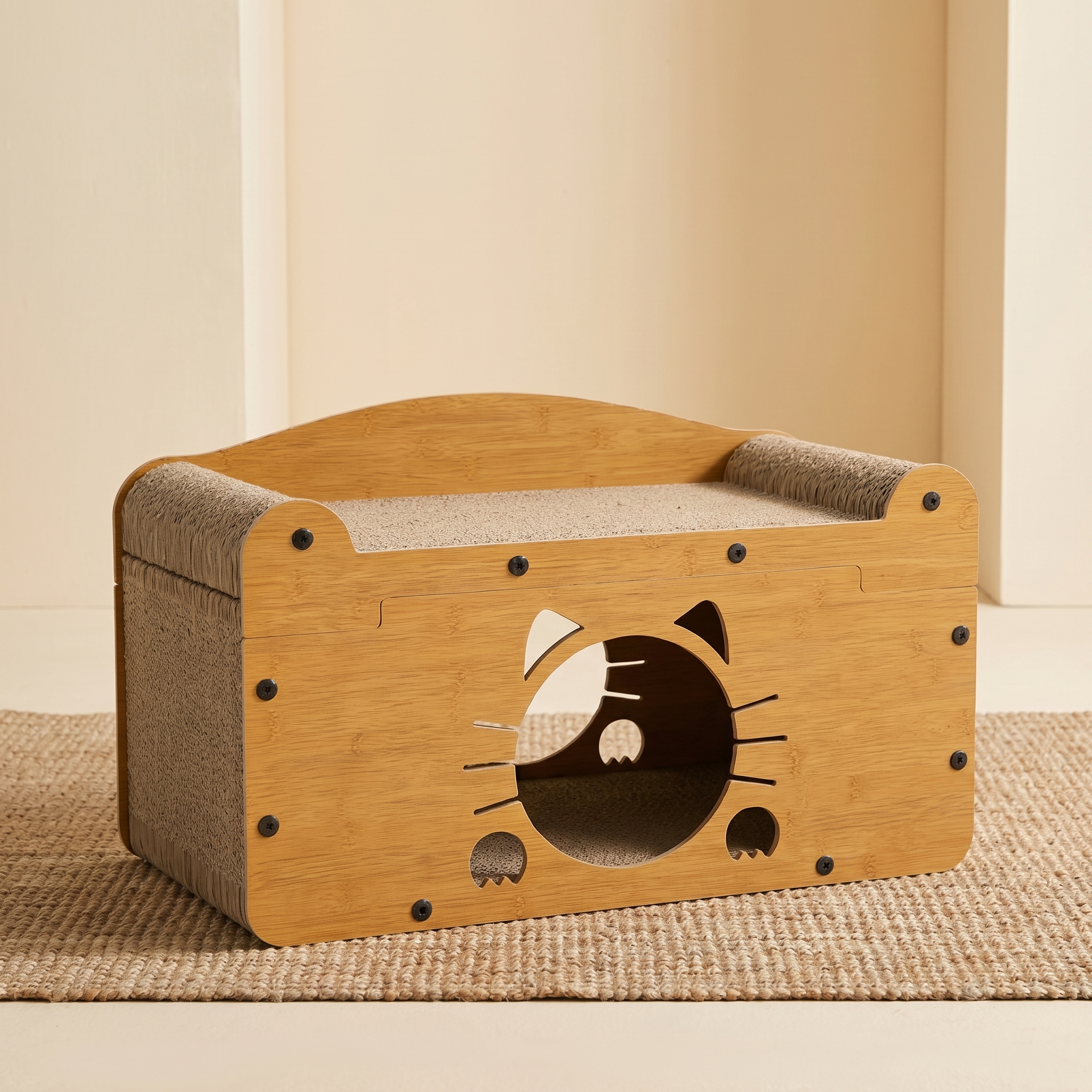 Bamboo cat scratcher bed with playful cat face cutout, cozy resting spot for cats