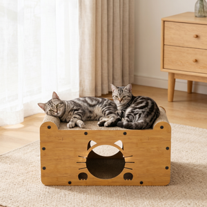 Two tabby cats lounging on a wooden cat scratcher bed with cat-face cutout, perfect for cozy pet comfort.