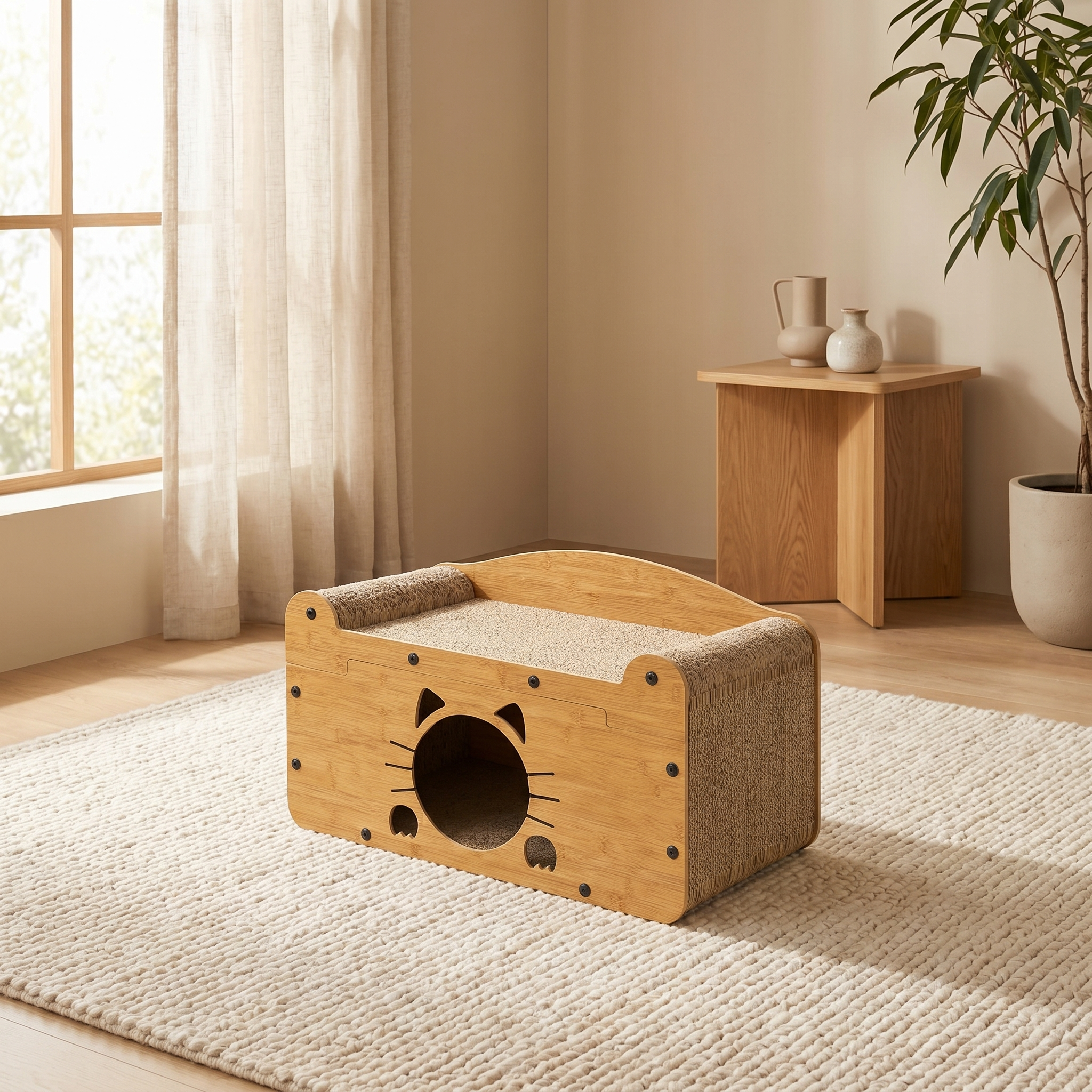 Modern wooden cat scratcher bed with cozy hideaway, perfect for indoor cats and pet comfort