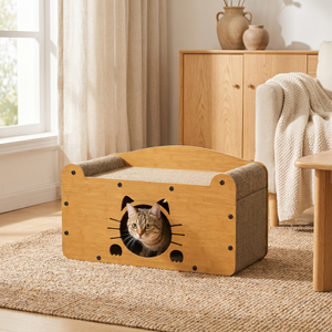 Cat in wooden scratcher bed with cat-shaped cutout, cozy living room pet furniture