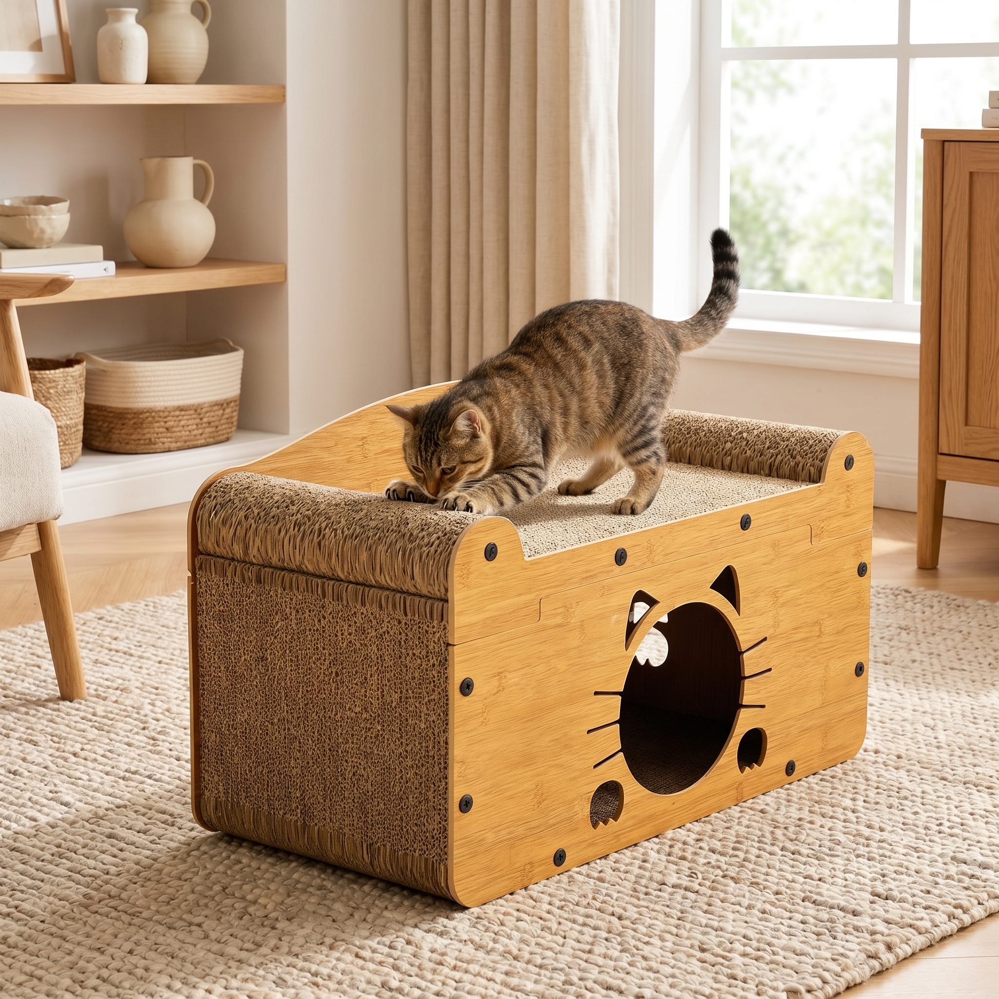 Cat using wooden scratcher bed with cat-shaped hideaway, cozy home pet furniture