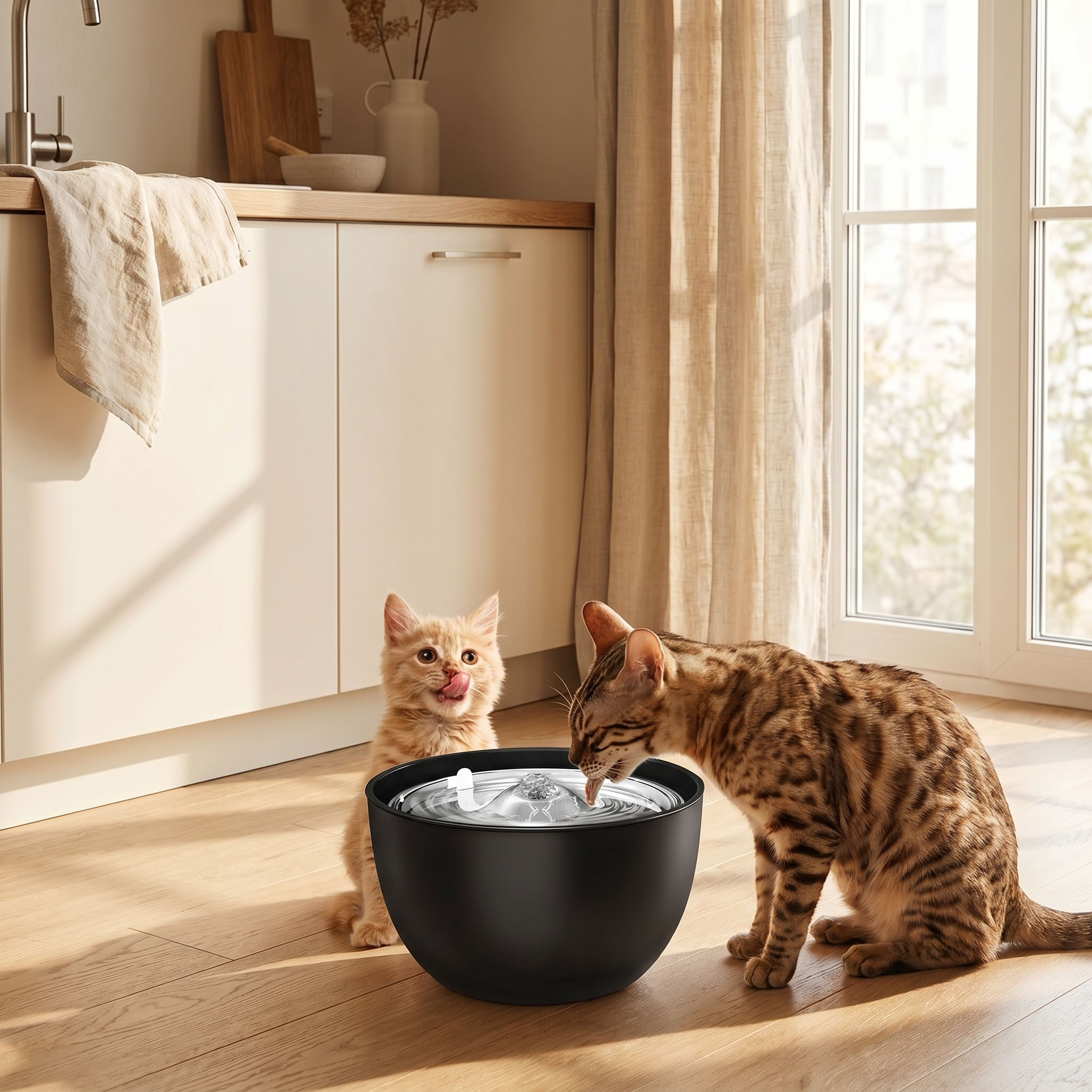Two cats drinking from a quiet pet water fountain in a sunny kitchen, perfect for cat hydration and comfort.