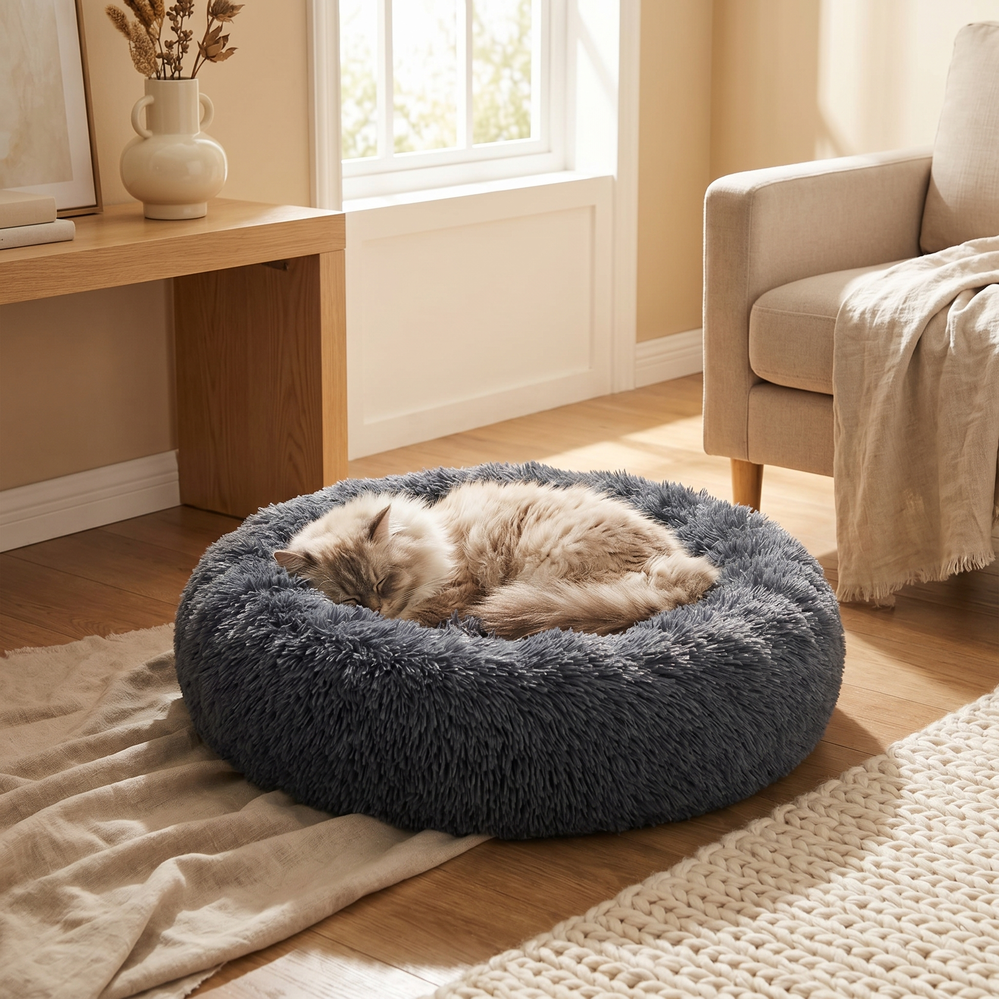 Fluffy gray cat bed with cozy sleeping cat, perfect for pet comfort in home living space