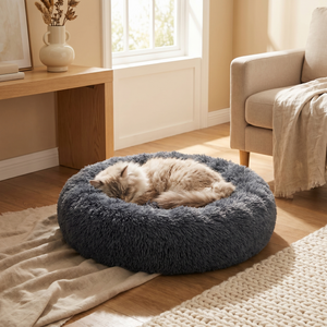Fluffy gray cat bed with cozy sleeping cat, perfect for pet comfort in home living space