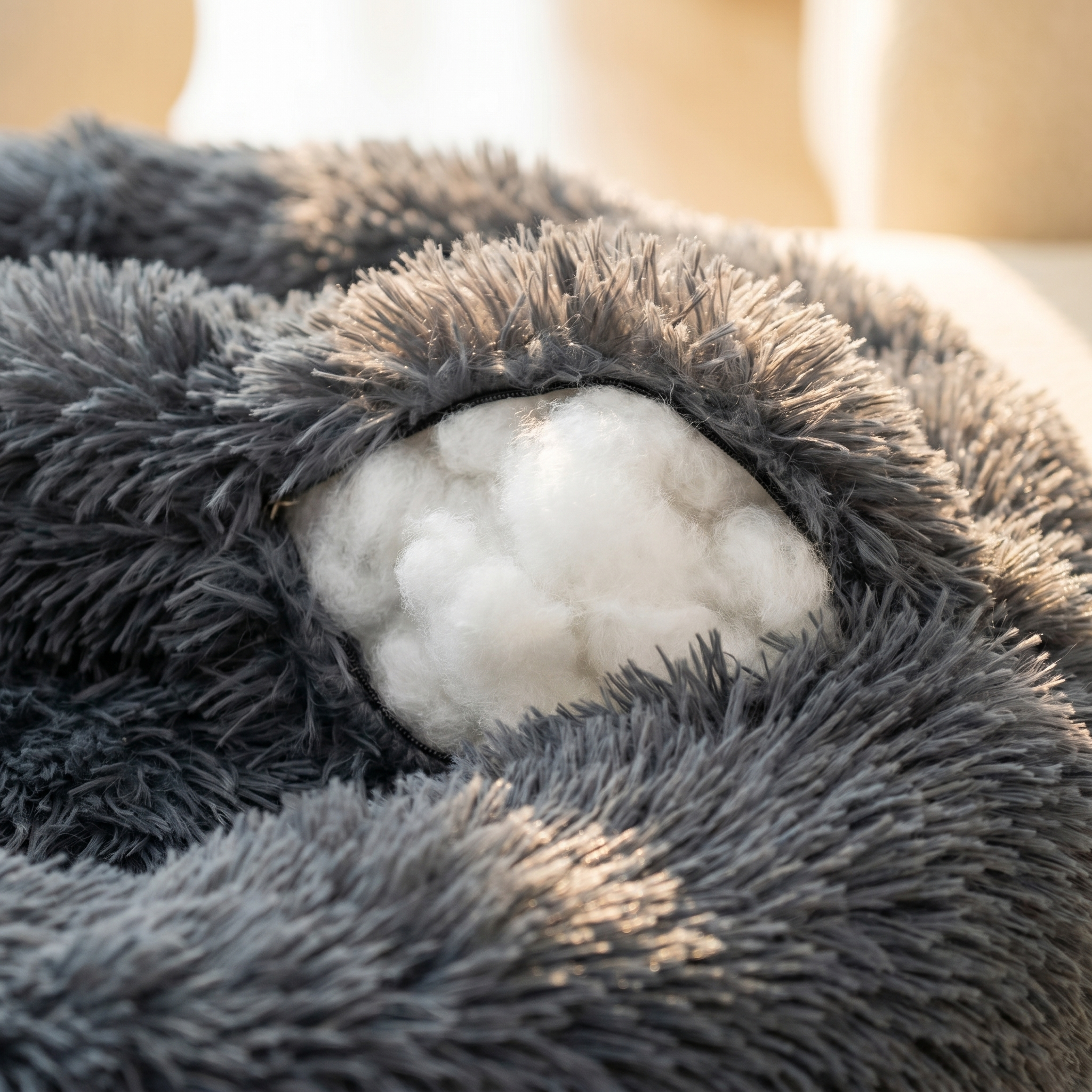 Ultra-soft gray pet bed with plush fur and cozy white filling for cats and dogs
