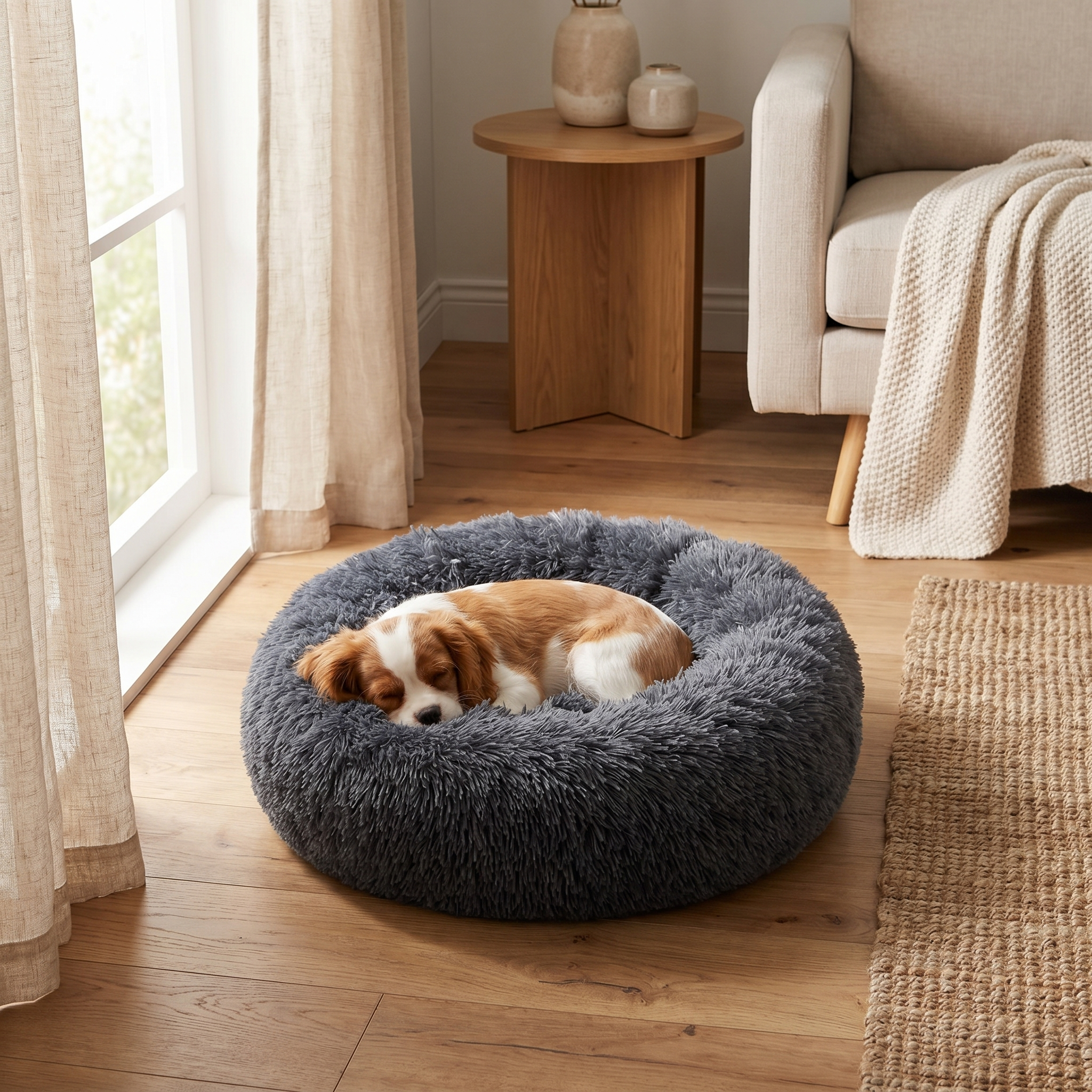 Cozy gray fluffy dog bed with sleeping Cavalier King Charles Spaniel, perfect for pet comfort at home.