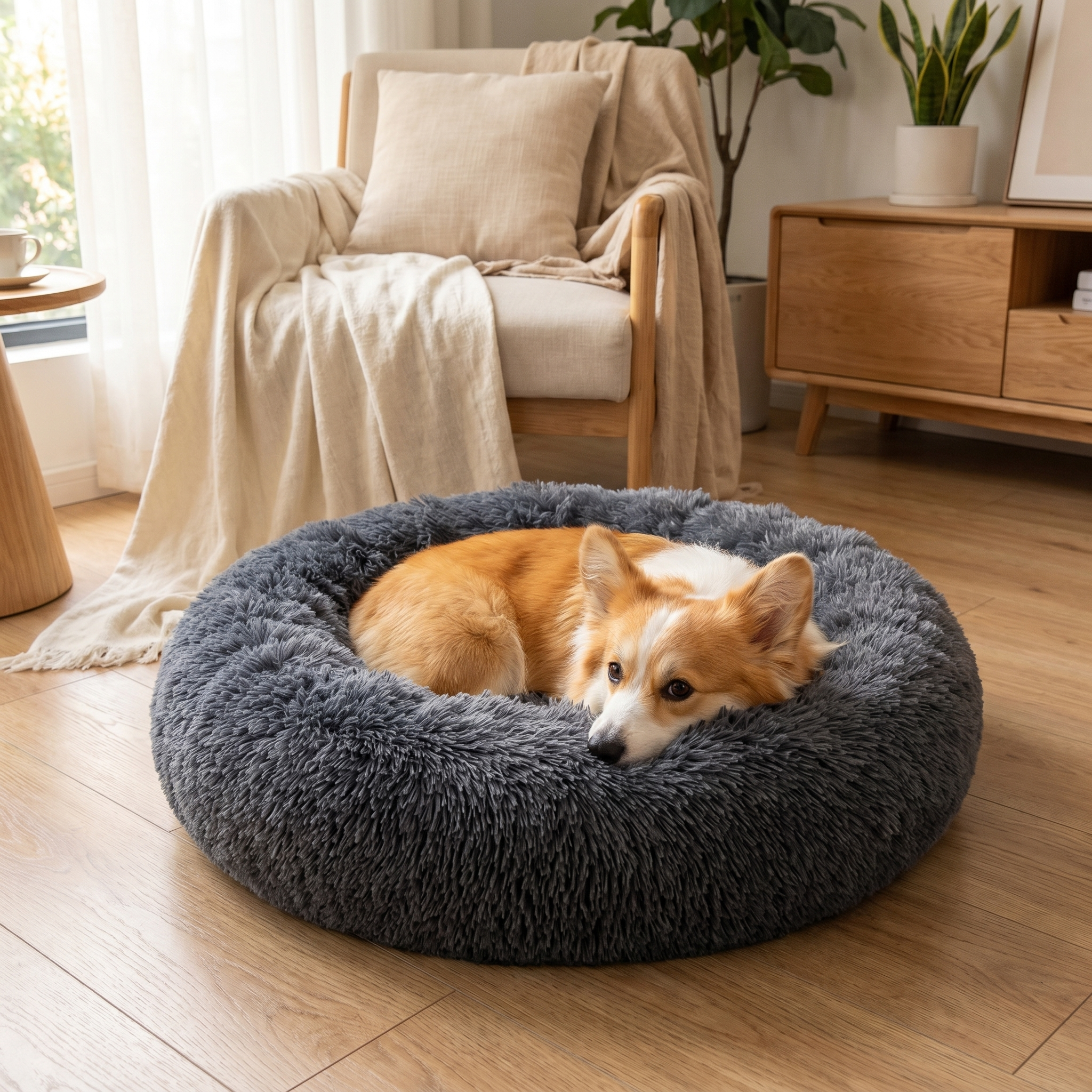 Cozy Corgi resting in a plush gray donut dog bed in a warm living room