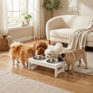 Four dogs eating from elevated white pet feeder with stainless steel bowls in cozy living room