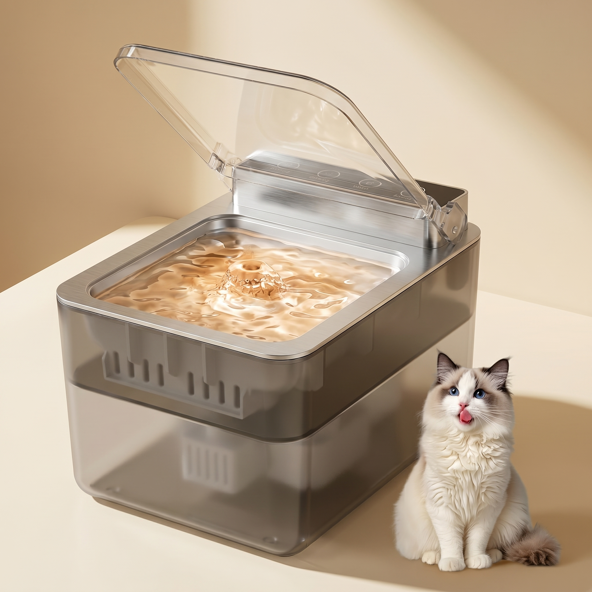 Cat drinking from automatic pet water fountain with flowing water and clear lid, perfect for feline hydration.