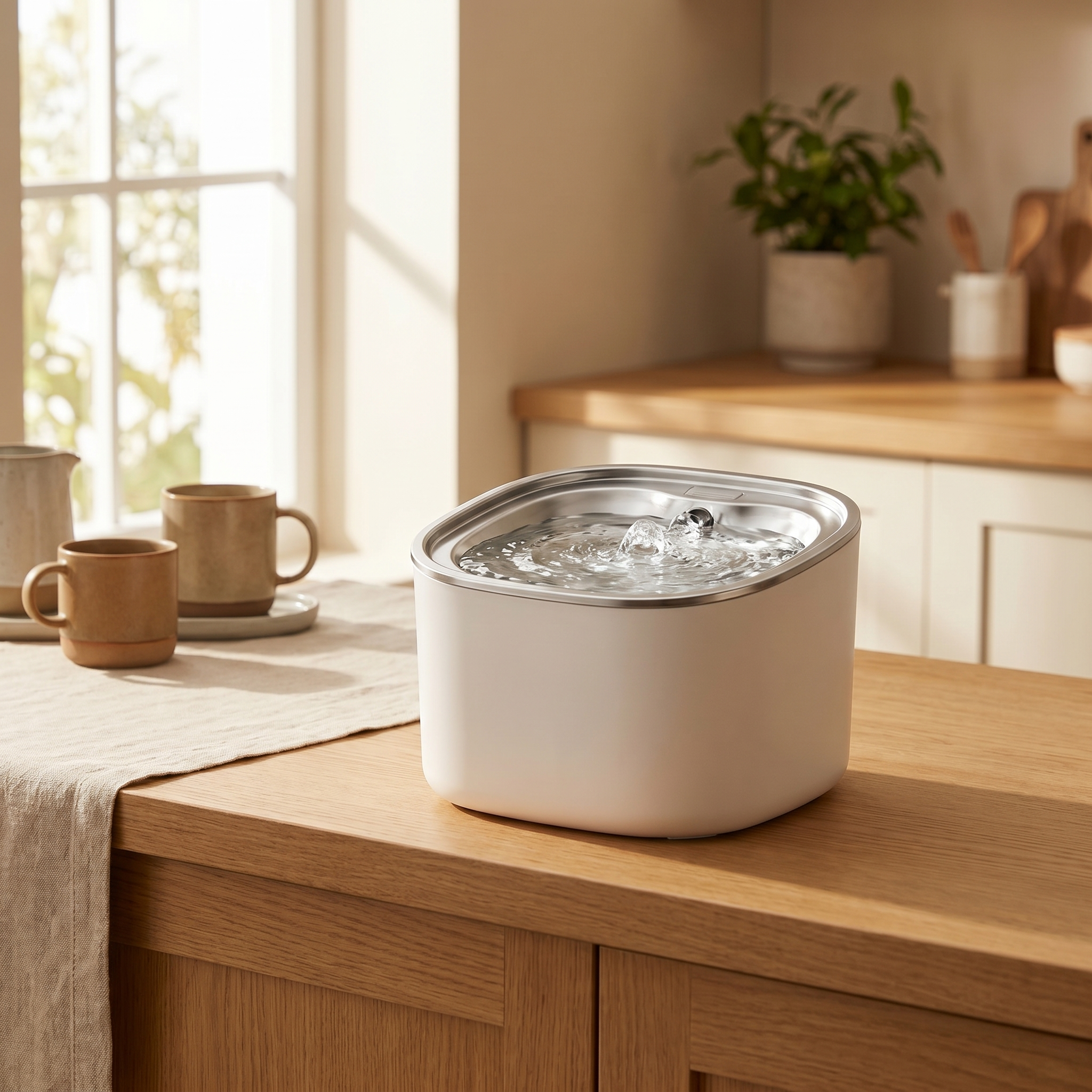Modern pet water fountain on wooden kitchen counter with flowing water